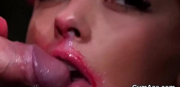  Hot honey gets cum shot on her face eating all the charge